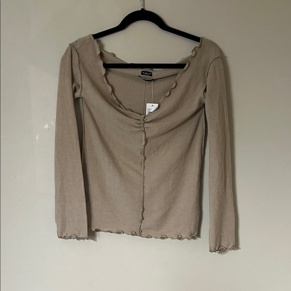 Urban Outfitters Beige Ribbed Long Sleeve Ruching Top